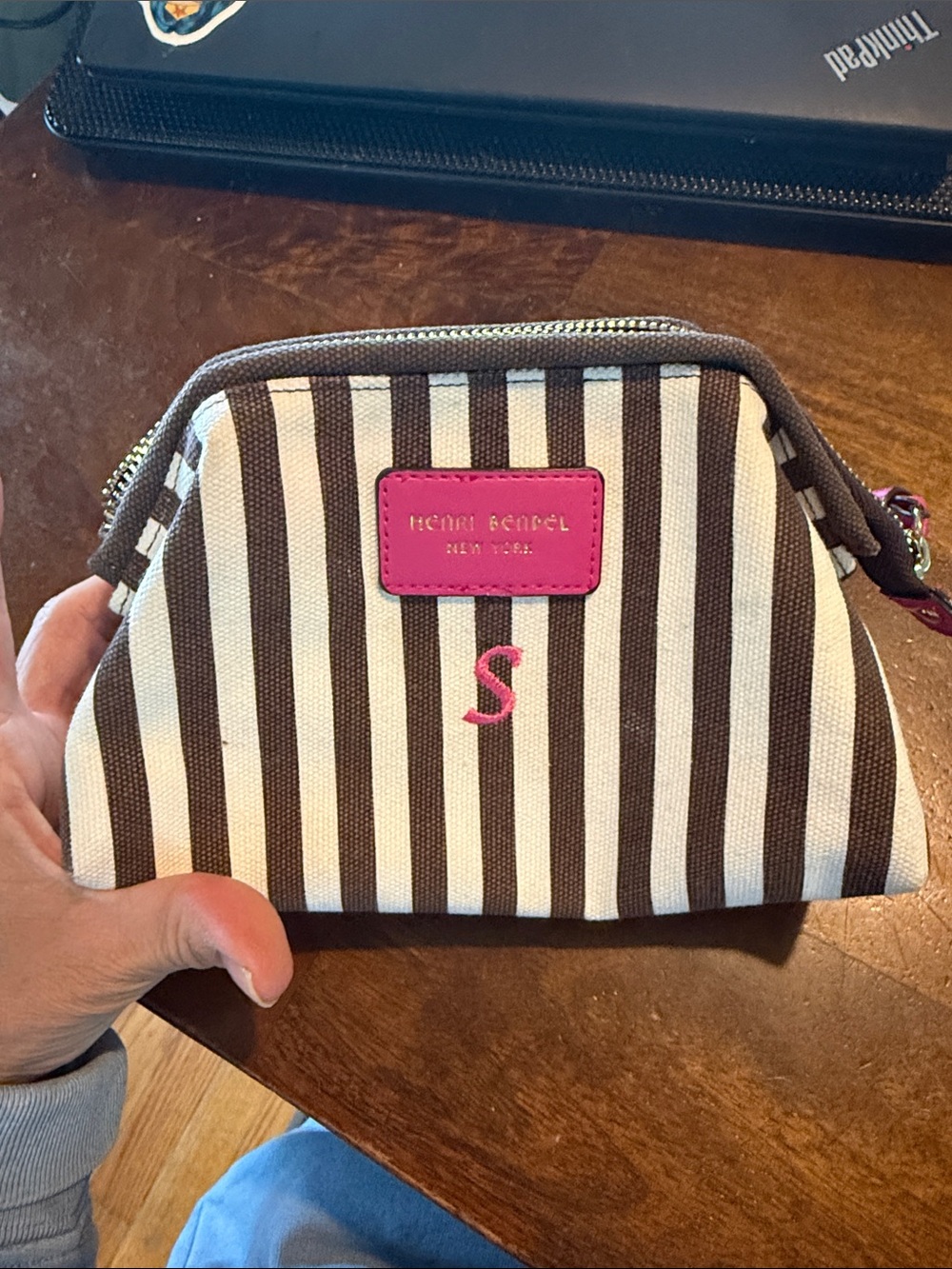 Henri Bendel Signature Stripe Canvas Makeup Cosmetic Wristlet Pouch